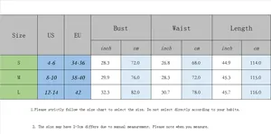 Detailed size chart for women's summer strapless split dress with US and EU measurements
