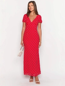 Abito Maxi da Donna Vintage Scollo a V a Pois Vita Alta Elegante Maniche a Sbuffo Allacciato Slim Fit Linea A Rosso Bianco