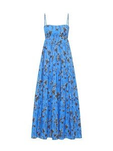 Floral print maxi dress with spaghetti straps and tiered skirt in bright blue color