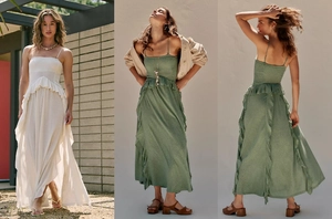 Detailed view of sage green smocked waist and ruffled trim on a summer maxi dress