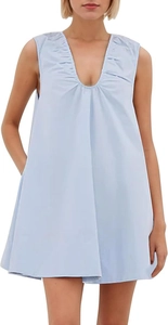 Detail of light blue sleeveless A-line dress with V-neck pleats and side pockets