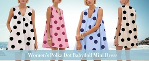 Chic sleeveless polka dot babydoll dresses in four colors shown on a scenic beach