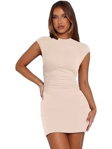 Sexy beige sleeveless high neck mini dress with ruched details and bodycon fit for women