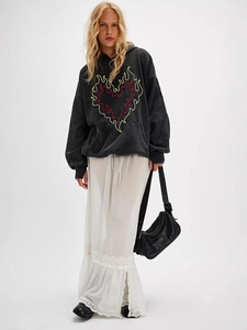 Oversized dark grey embroidered hoodie with flame heart print for women in fall