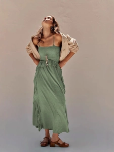 Women's Sexy Bohemian Spaghetti Strap Maxi Dress Ruffle High Waist Slit Smocked Solid Color Beach Vacation Party Dress