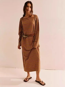 Relaxed long-sleeve striped maxi dress in burgundy and yellow with a waist belt