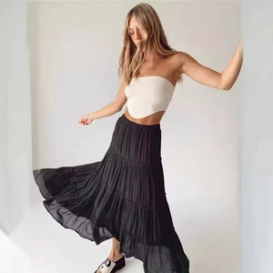 Sexy tiered black ankle-length maxi skirt with elastic waist and flowing chiffon layers