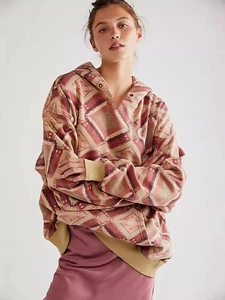 Women Retro Geometric Print Hooded Hoodie Oversized Long Sleeve V Neck Loose Pullover Sweatshirt Autumn Casual Streetwear Top
