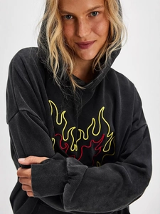 Vintage oversized washed charcoal hoodie with flame embroidery and loose fit design