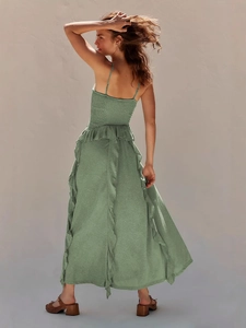 Sage green spaghetti strap midi dress with smocked back and ruffled hemline detail