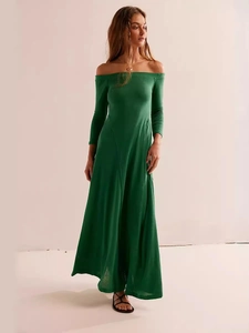 Women Off Shoulder Long Sleeve Maxi Dress Slim Fit Solid Color Elegant A Line Evening Party Spring Summer Sexy Long Dress