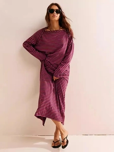 Women's casual maxi dress with long sleeves and pink-purple horizontal stripes