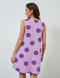 Detailed back view of a light purple V-neck sleeveless A-line dress with large dark polka dots
