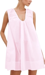 Detail of the pleated V-neckline on a pink sleeveless A-line dress for women