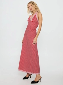 Macro detail of red gingham halter maxi dress featuring delicate pink lace trimmings
