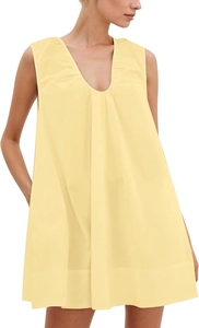 Detail of the pale yellow V-neck sleeveless dress featuring premium smooth fabric drape