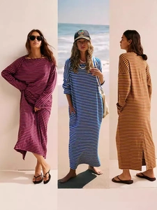 Women Casual Striped Long Sleeve Maxi Dress Loose Fit Pullover Holiday Beach Long Gown With Pockets Back Slit Dress