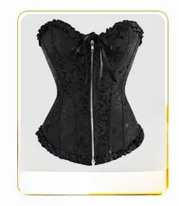 Detail of floral brocade corset with silver front zipper and satin bow accents
