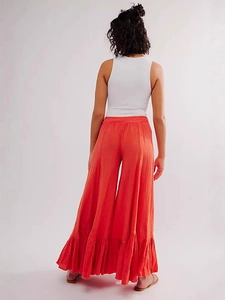 Women Ruffled Hem Wide Leg Pants Bohemian Smocked Waist High Waist Culottes Summer Beach Vacation Casual Loose Long Palazzo Trousers