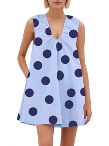 Fashionable light blue V-neck sleeveless A-line dress with navy polka dot print