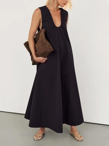 Vestito Maxi da Donna Senza Maniche Scollo a V Pieghe Linea a Trapezio Cotone Estate Casual Spiaggia Abito Lungo Elegante