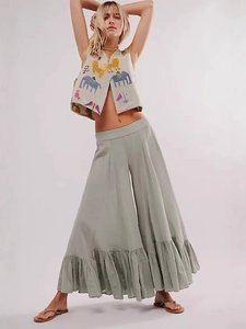 Women's summer ethnic set with embroidered vest and green wide-leg ruffle pants