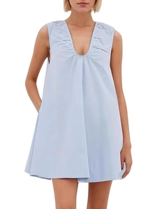 Women Pleated V-Neck A-Line Sleeveless Dress Pure Cotton Solid Color Loose Summer Fashion Niche Temperament Mini Dress
