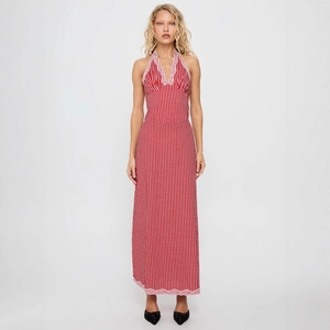 Women Gingham Halter Neck Maxi Dress Pink Lace Trim Backless A-Line Red White Checkered Summer Vacation Party Dress