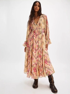 Boho V Neck Floral Maxi Dress Women Long Sleeve Chiffon Ruffle Tiered Dress For Vacation Spring Autumn Casual Long Dress