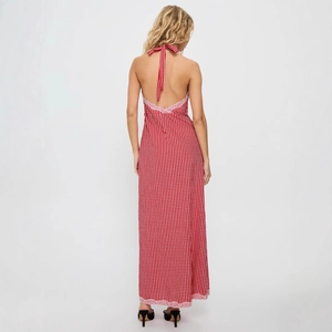Red and white gingham halter backless maxi dress with delicate lace trim detailing