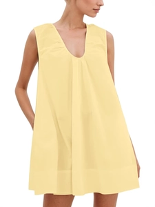 Sleeveless V-neck pleated A-line mini dress in pale yellow with a loose minimalist fit