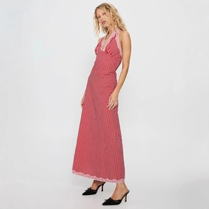 Elegant red gingham halter maxi dress with pink lace trim and slim-fit silhouette