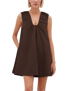 Deep V-neck sleeveless A-line dress in dark brown with pleated detailing and loose fit