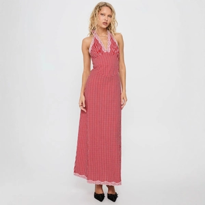 Red and white gingham halter neck maxi dress with pink lace trim and slim fit style