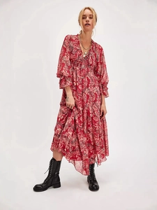 Floral V-neck red chiffon maxi dress with long lantern sleeves and ruffled tiers