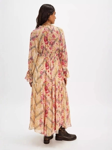 Bohemian floral print maxi dress with V-neck, tiered skirt and ruffled long sleeves