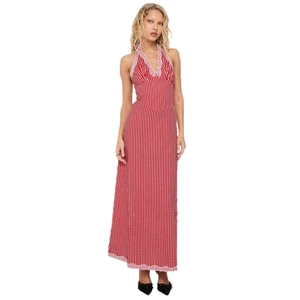 French vintage red gingham halter maxi dress with pink lace trim and slim fit design