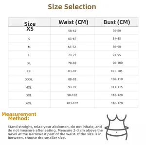 Detailed size chart for faux leather corset showing waist and bust measurements XS to 6XL