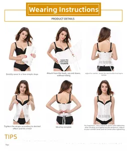 Step-by-step guide showing how to lace and fasten white lace corset with metal busk closure