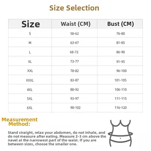 Tableau des tailles détaillé pour corsets steampunk vintage du S au 6XL en centimètres
