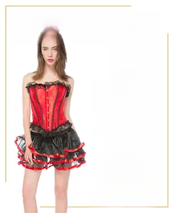 Detail of red satin corset dress with black lace trim and structured boning feature