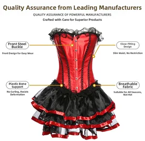 Detail view of red Victorian corset dress with steel busk closures and black lace trim