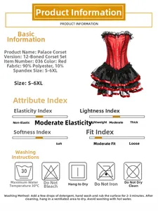 Detail view of red court corset showing 12 plastic bones and fabric composition details