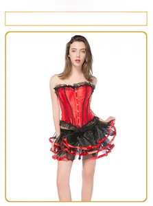 Front view of red satin corset with black lace trim and matching tiered lace skirt