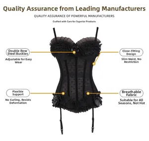 Detail of black corset featuring polka dot mesh, lace trim, and adjustable garters