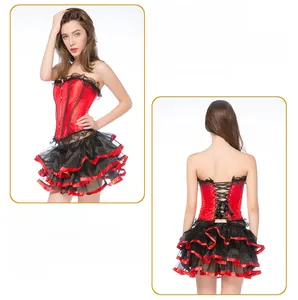 Detail view of red satin corset dress with black lace trim and adjustable back lacing