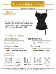 Detailed size chart and washing instructions for black polka dot lace corset with garter straps