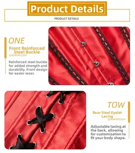 Detail of red satin corset featuring steel busk front closure and lace-up back design