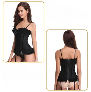 Detailed views of black mesh polka dot corset with lace trim and back lacing for shaping