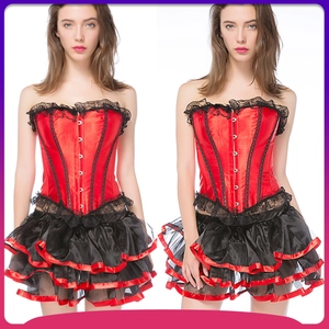 Victorian Gothic Retro Court Style Corset Top And Tutu Skirt Red Black Lace Satin Body Shaper For Party Women